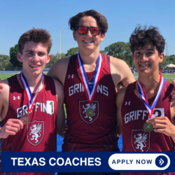 three track athletes smiling with application link